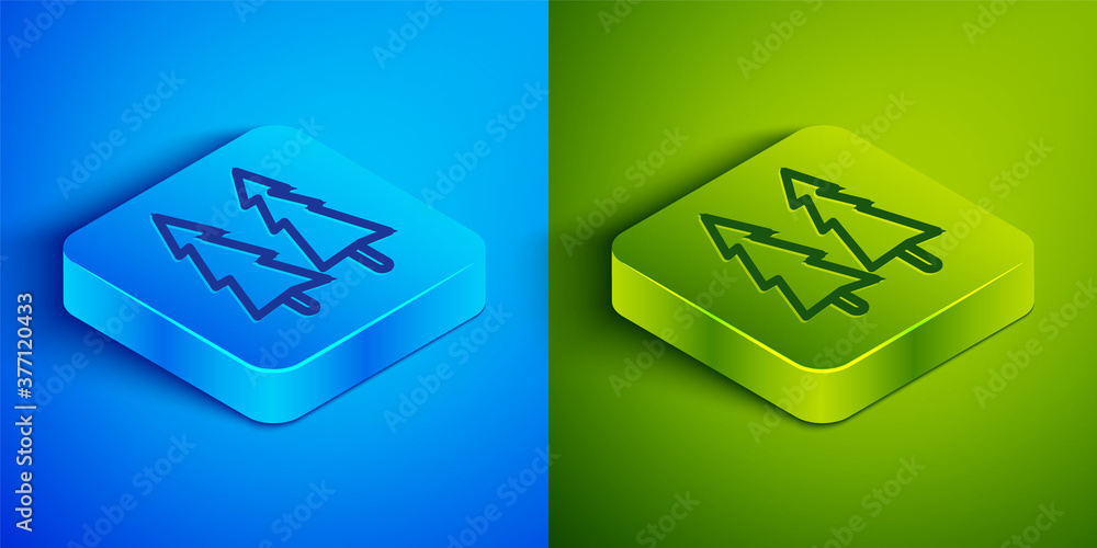 Isometric line Christmas tree icon isolated on blue and green background. Merry Christmas and Happy New Year. Square button. Vector. Isometric line Christmas tree icon isolated on blue and green background. Merry Christmas and Happy New Year. Square button. Vector.