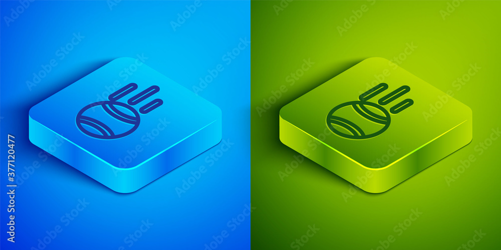 Isometric line Tennis ball icon isolated on blue and green background. Sport equipment. Square button. Vector. Isometric line Tennis ball icon isolated on blue and green background. Sport equipment. Square button. Vector.