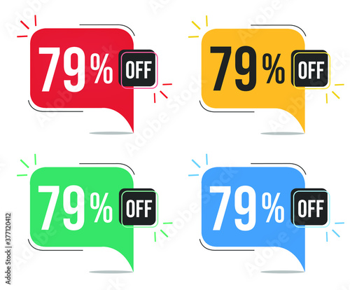 79% off. Red, yellow, green and blue tags with seventy-nine percent discount. Banner with four colorful balloons with special offers vector.
