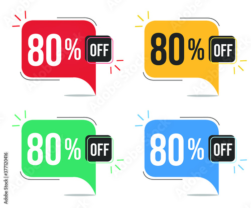 80% off. Red, yellow, green and blue tags with eighty percent discount. Banner with four colorful balloons with special offers vector.