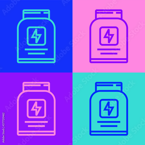 Pop art line Sports nutrition bodybuilding proteine power drink and food icon isolated on color background. Vector.