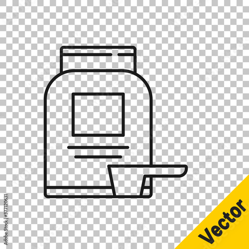 Black line Sports nutrition bodybuilding proteine power drink and food icon isolated on transparent background. Vector.
