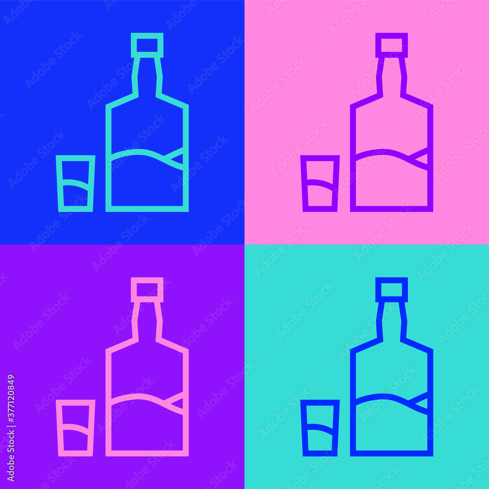 Pop art line Tequila bottle and shot glass icon isolated on color background. Mexican alcohol drink. Vector. Pop art line Tequila bottle and shot glass icon isolated on color background. Mexican alcohol drink. Vector.