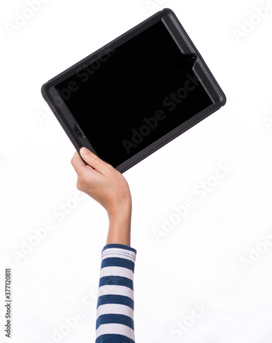 child's hand holding a tablet, white background