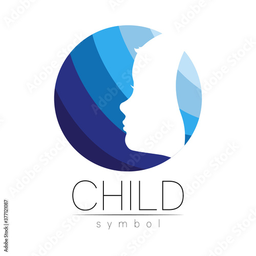 Child logotype in few blue circle colors, vector. Silhouette profile human head. Concept logo for people, children, autism, kids, therapy, clinic, education. Template symbol, modern design on white