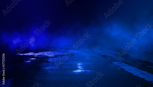 Dark abstract background of empty scene. Night view of the street, reflection of night lights on the asphalt, smoke. Neon light, laser light beams. 3d illustration