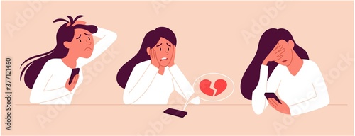 Three depictions of a sad young woman, one stressed and anxious, one with broken heart and one reading disturbing news on her mobile phone, colored vector illustration