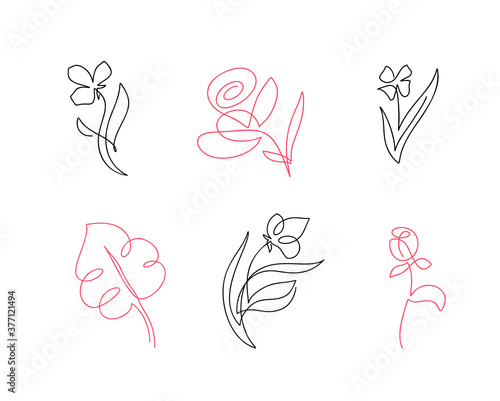Set of vector one line flowers line art. Minimalist contour drawing. One line artwork