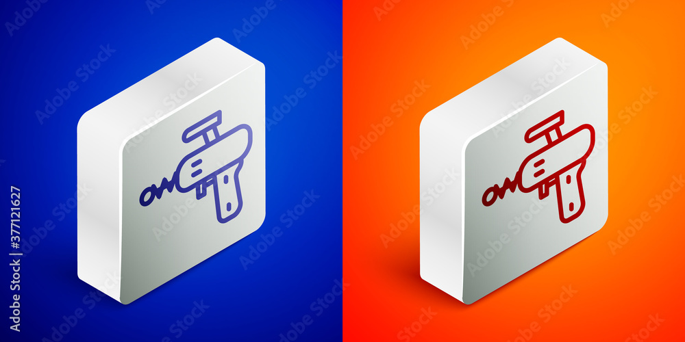 Isometric line Ray gun icon isolated on blue and orange background. Laser weapon. Space blaster. Silver square button. Vector. Isometric line Ray gun icon isolated on blue and orange background. Laser weapon. Space blaster. Silver square button. Vector.