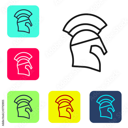 Black line Greek helmet icon isolated on white background. Antiques helmet for head protection soldiers with a crest of feathers or horsehair. Set icons in color square buttons. Vector.