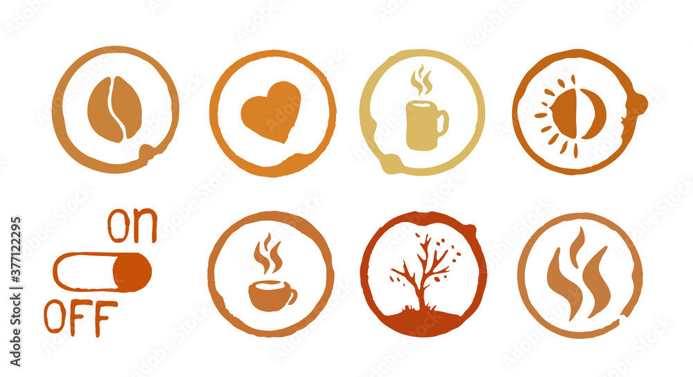 Vector Coffee spots with cup and nature picture. Dirty cup splash eight ring stain or coffee stamp. Illustration for cafe design