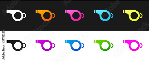 Set Whistle icon isolated on black and white background. Referee symbol. Fitness and sport sign. Vector Illustration.