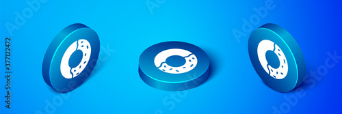 Isometric Donut with sweet glaze icon isolated on blue background. Blue circle button. Vector Illustration.