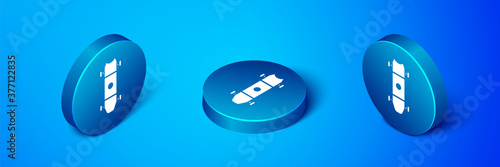 Isometric Longboard or skateboard cruiser icon isolated on blue background. Extreme sport. Sport equipment. Blue circle button. Vector Illustration.