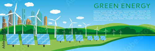 Green energy concept banner design with wind turbines and solar panels on the background of the cityscape. Renewable solar and wind energy sources. Vector illustration, flat style. space for text