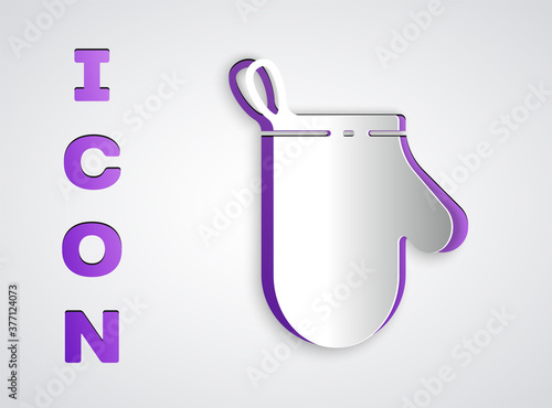 Paper cut Oven glove icon isolated on grey background. Kitchen potholder sign. Cooking glove. Paper art style. Vector Illustration.
