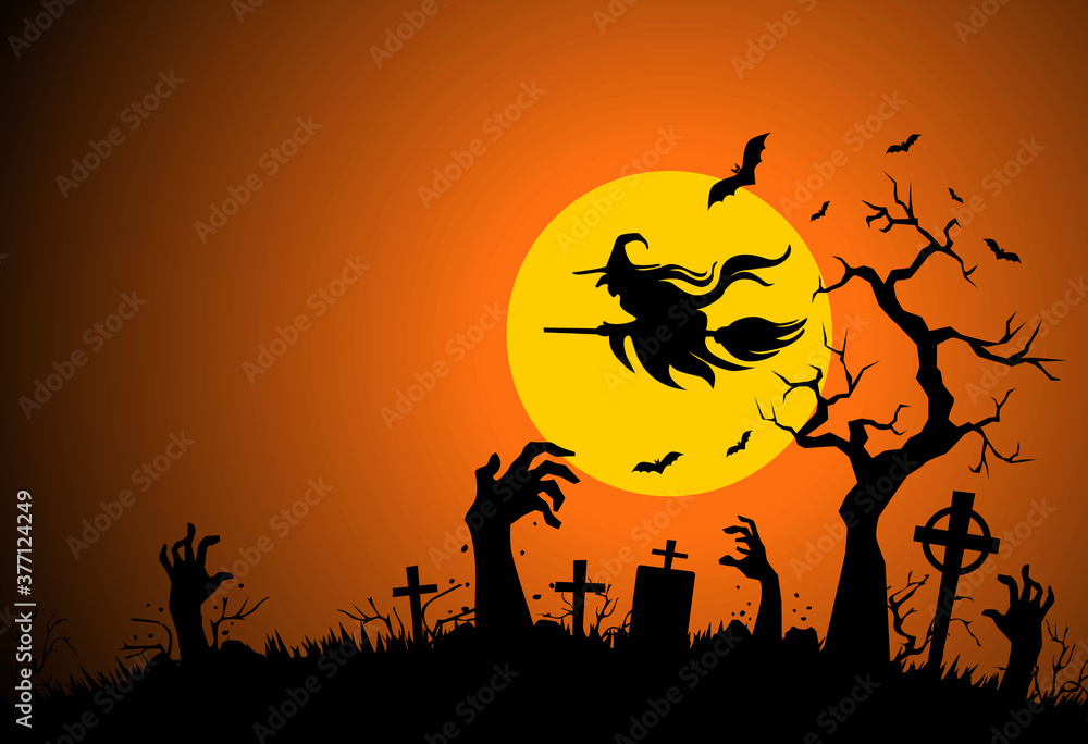 Halloween poster with horror elements: cemetery, grave, cross, zombie hands, bat, witch flies on broomstick. Illustration, vector on full moon background