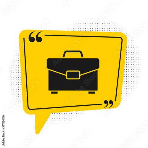 Black Briefcase icon isolated on white background. Business case sign. Business portfolio. Yellow speech bubble symbol. Vector Illustration.