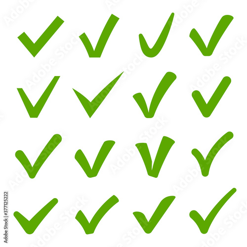 Check mark green icons set isolated on white. Ticks for questionnaire, checklist, must to do, task list.