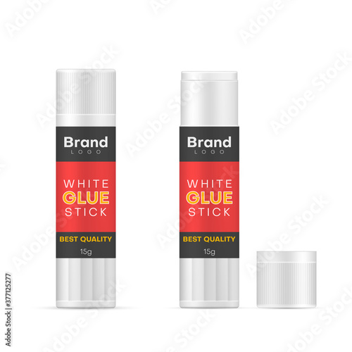 Glue sticks with open and closed lids, adhesive realistic mockups set. Ready design for you brand.