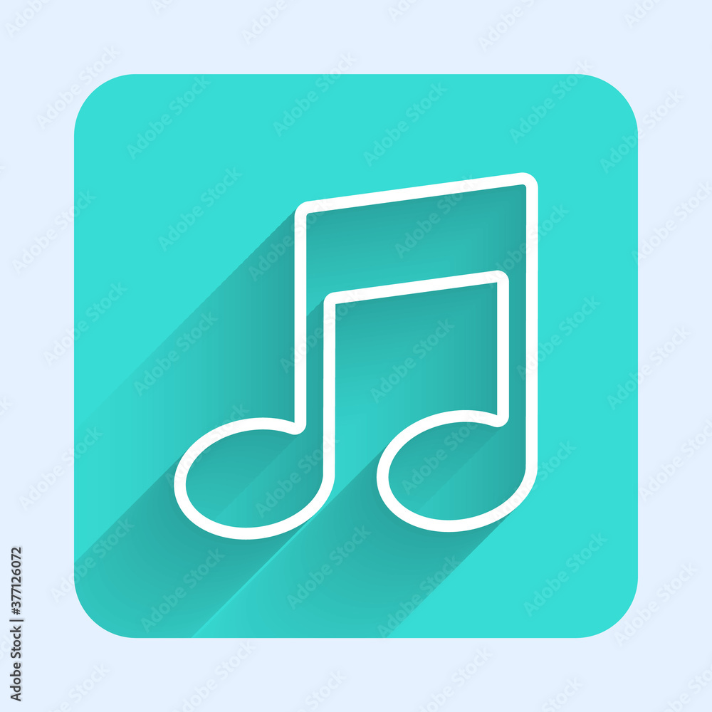 White line Music note, tone icon isolated with long shadow. Green square button. Vector Illustration. White line Music note, tone icon isolated with long shadow. Green square button. Vector Illustration.