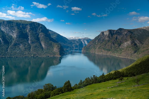 Breathtaking views of the Aurlandsfjord (a branch off the Sognefjorden) from the Stegastein viewpoint on Sogn og Fjordane County Road 243, Vestland, Norway.