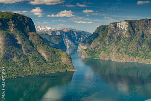 Breathtaking views of the Aurlandsfjord (a branch off the Sognefjorden) from the Stegastein viewpoint on Sogn og Fjordane County Road 243, Vestland, Norway. © Luis