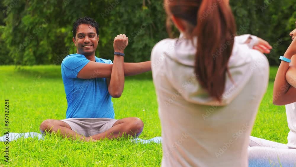 fitness, sport and healthy lifestyle concept - group of happy people exercising at summer park