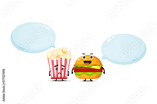 Cute popcorn and burger mascot with happy and sad expressions