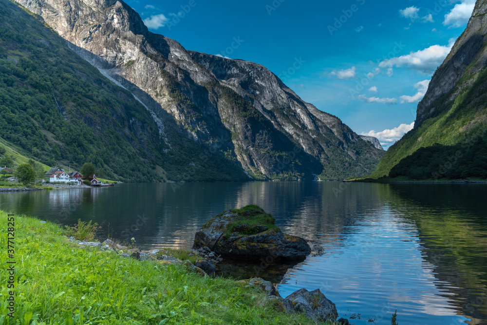 Stunning views of the Naeroyfjord, listed as a UNESCO World Heritage Site in the Aurland Municipality in Vestland county, Norway.