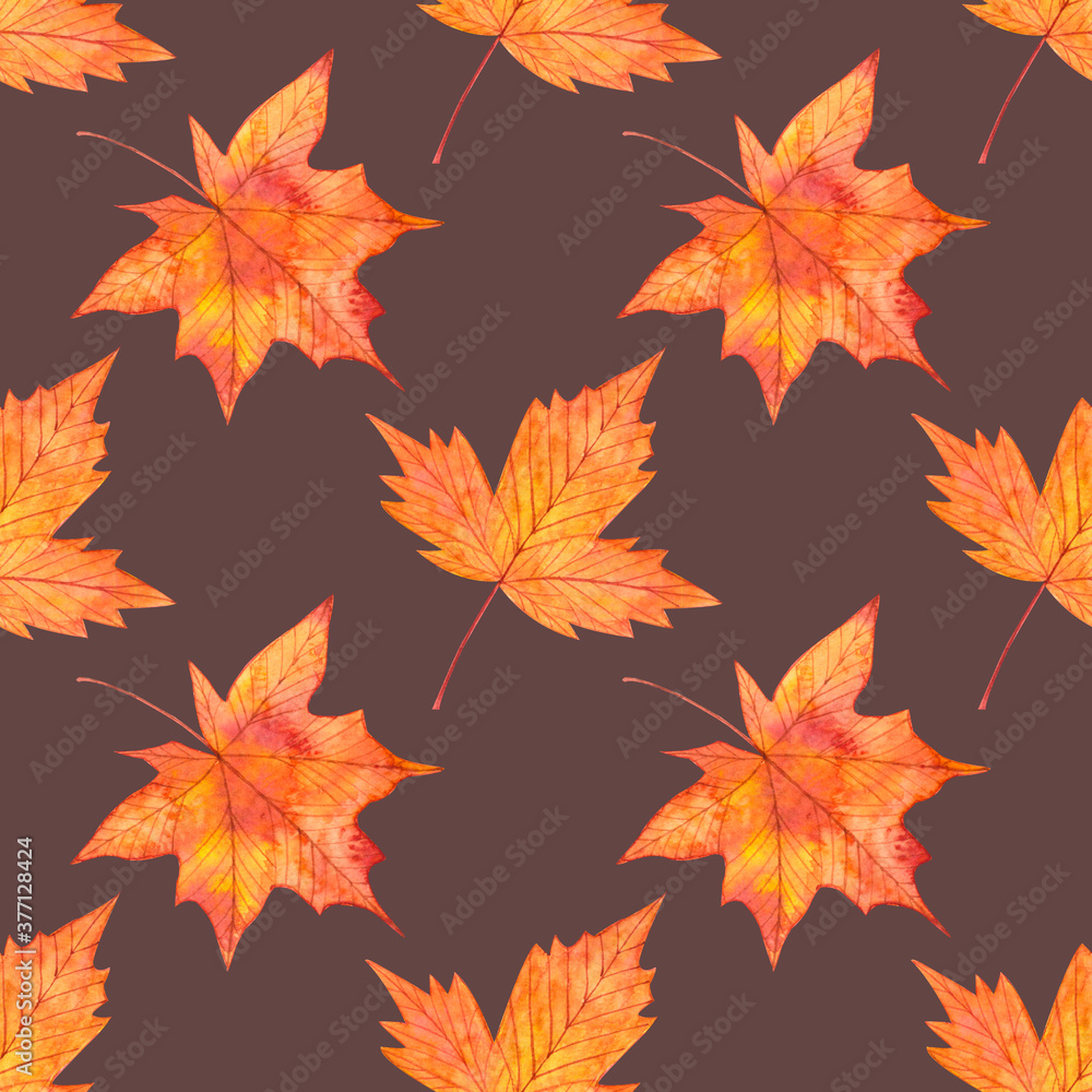 Obraz premium Autumn watercolor seamless pattern with red maple leaves.Hand drawn illustration on purple background.Seasonal ornament for fabric,textile,wallpaper,wrapping paper,gifts,thanksgiving design projects.