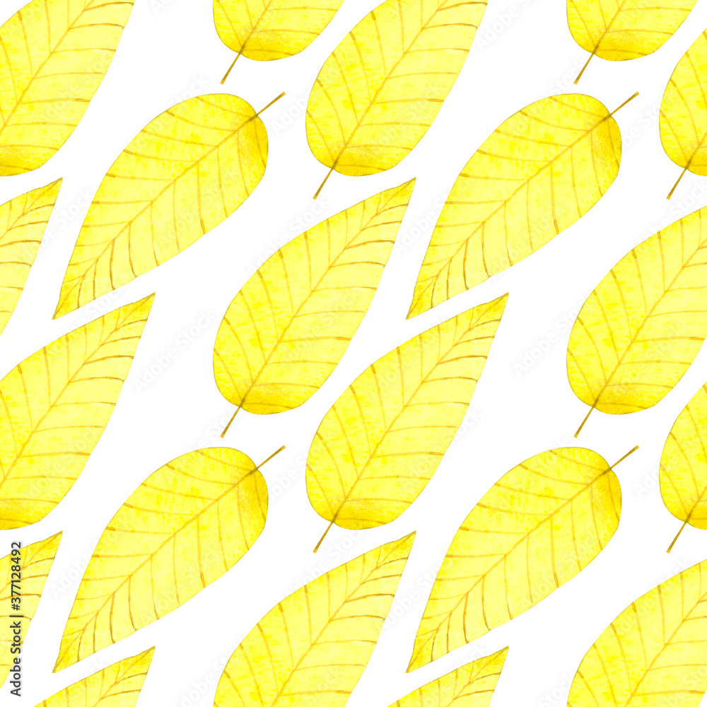 Beautiful watercolor seamless pattern with autumn yellow leaves for your design projects (fabrics,wrapping paper,wallpaper,textiles,bedclothes,gift packaging).On white background.Handdrawn.