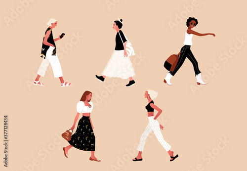 Crowd of tiny people wearing stylish clothes. Fashionable men and women, outdoor activities. Group of male and female cartoon characters walking, dancing, running. Flat vector illustration.
