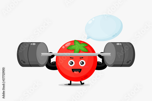 Cute tomato mascot raises a barbell