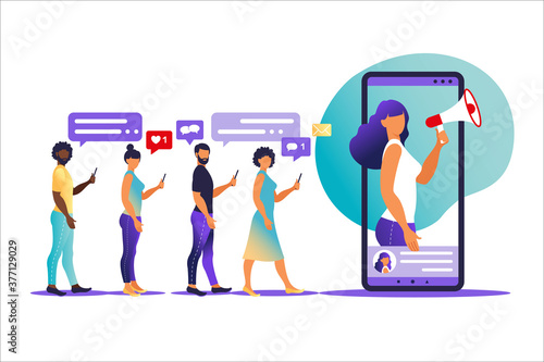 Vector illustration in flat simple style with characters - influencer marketing concept - blogger promotion services and goods for his followers online