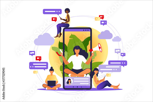 Woman with megaphone on screen mobile phone and young people surrounding her. Vector illustration in flat with characters - influence blogger promotion services and goods for his followers online.