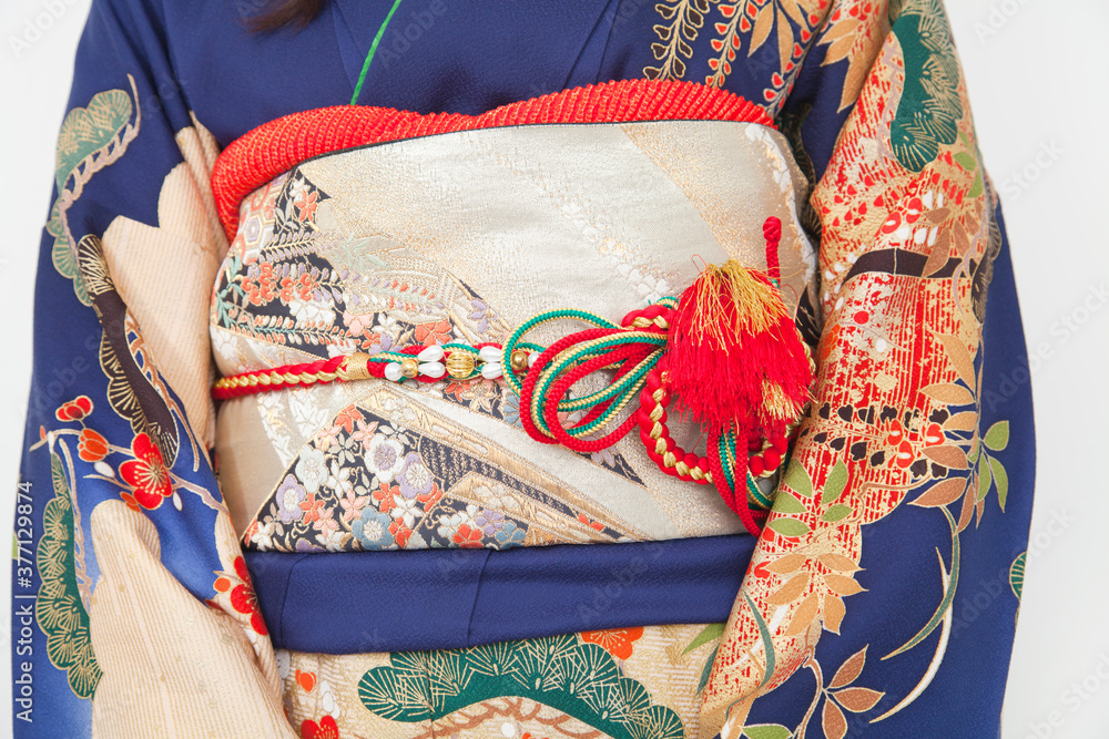 Naklejka premium 振袖姿の女性の帯