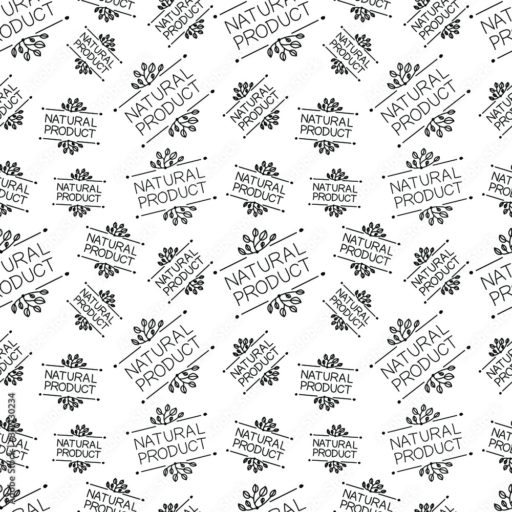Natural product handwritten and hand drawn elements, wrapping paper template, black and white illustration, organic foods, healthy eating.
