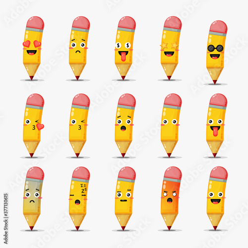 Set of cute pencil with emoticons