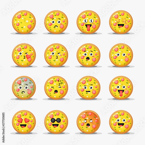 Set of cute pizza with emoticons
