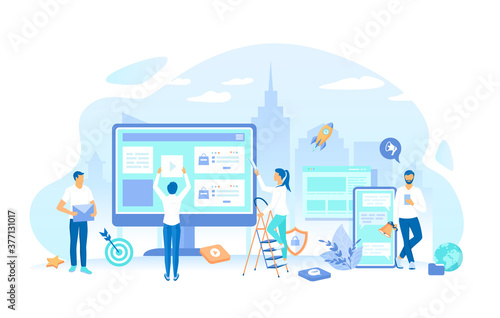Group of people promoting products and services using Digital Marketing. Social network, media communication, business analysis, targeting, management. People working process, teamwork communication.
