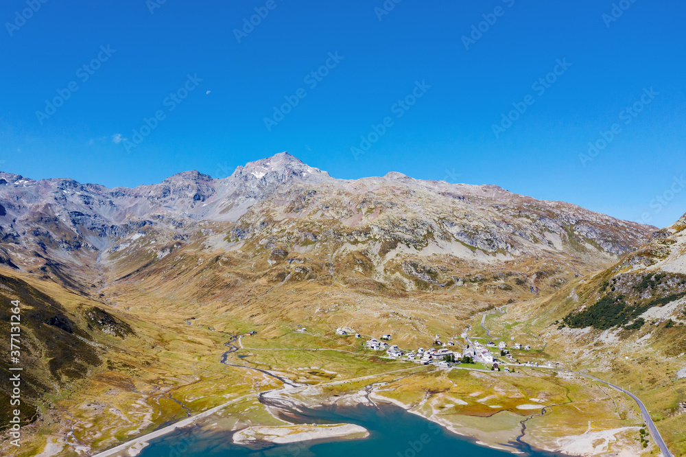 Montespluga, Italy, aerial view of the lake towards the Swiss border