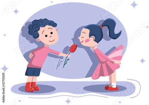 Boy giving a girl a flower. Give gifts. Stock vector illustration