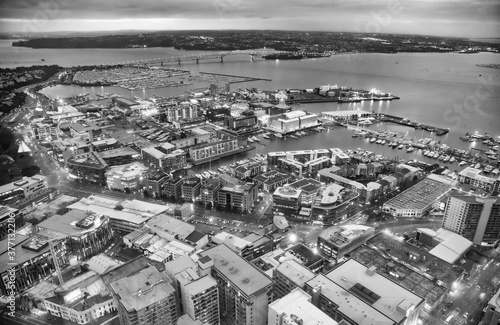 AUCKLAND  NEW ZEALAND - AUGUST 26  2018  Aerial city view at sunset