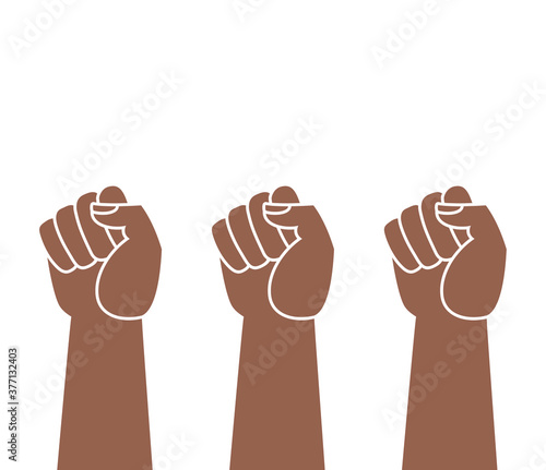 fists up, protest banner, raised hands isolated on white background