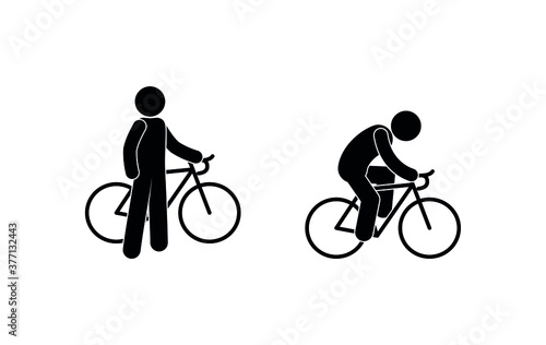 cyclist icon, stick figure pictogram set man rides a bicycle, isolated human silhouettes