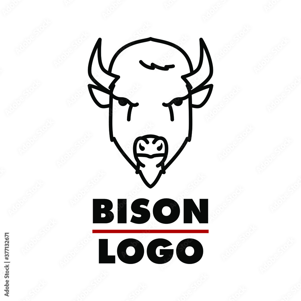 Fototapeta premium Bison minimal logo design, outline modern flat vector art - angry front face wild animal fight