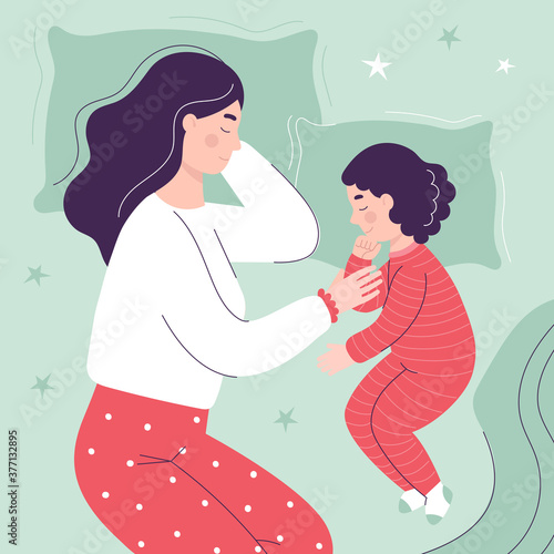 Beautiful mom and daughter are sleeping in bed. The concept of children sleeping together with parents. Flat vector cartoon illustration