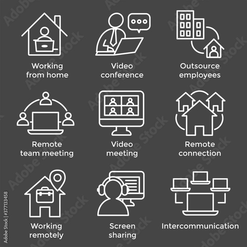 Remote work icon set with work from home, video meetings, etc