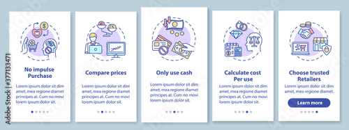 Smart spender tips onboarding mobile app page screen with concepts
